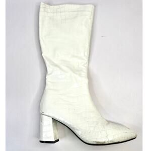Shein Size 9 Elegant White Boots Crocodile Embossed Side Zipper Chunky 2.5 Heel